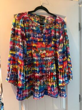 Ali Miles Multicolor Printed Pleated Tunic Top - Blue, Pink, Yellow